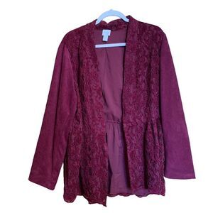 Chico's Womens Size XL Burgundy Open Front Lace Trim Faux Suede Open Jacket